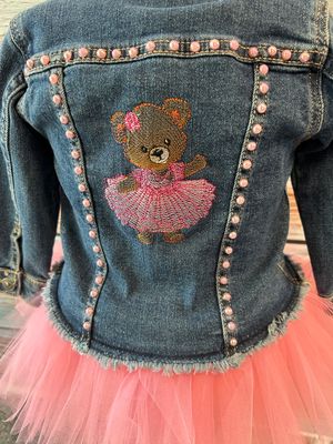 Embroidered Dancing Ballerina Bear Denim Jean Jacket Embellished with Pearls, Your Little One will Love  this, 12mos to Size 6