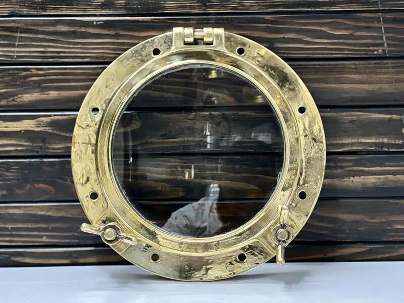 Original Vintage Heavy Brass Solid Ship Salvage Round Porthole Window with 2 Dogs