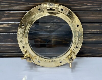 Original Vintage Heavy Brass Solid Ship Salvage Round Porthole Window with 2 Dogs