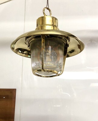 Mid-Century Industrial Brass Caged Old Hanging Ship Passageway Nautical Pendant Light With Shade
