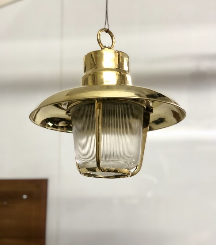 Mid-Century Industrial Brass Caged Old Hanging Ship Passageway Nautical Pendant Light With Shade