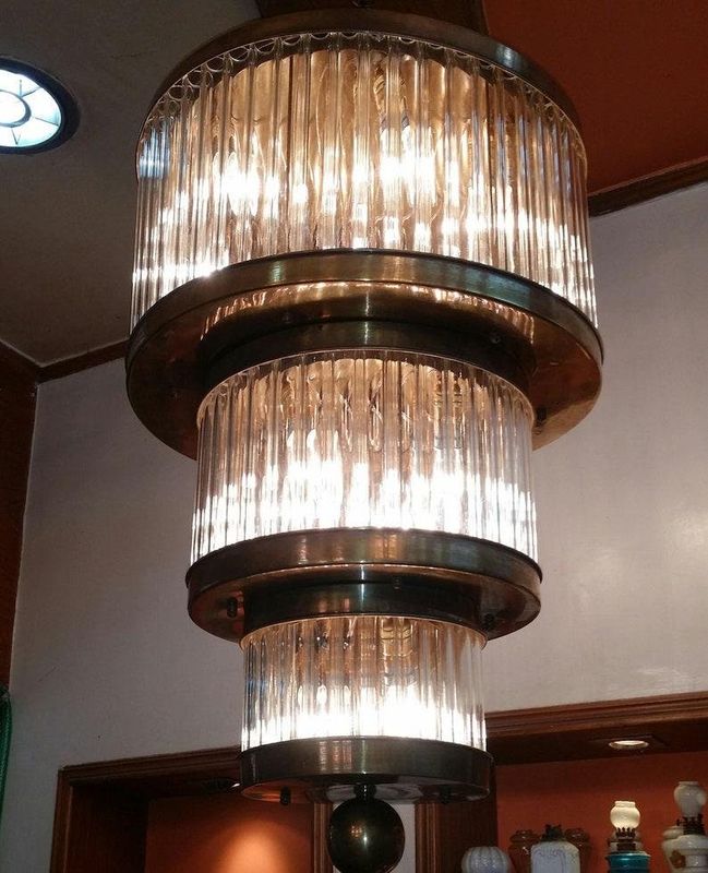 Skyscraper Shape Victoria Chandelier Three Tier Round Glass Rod &amp; Brass Lamp