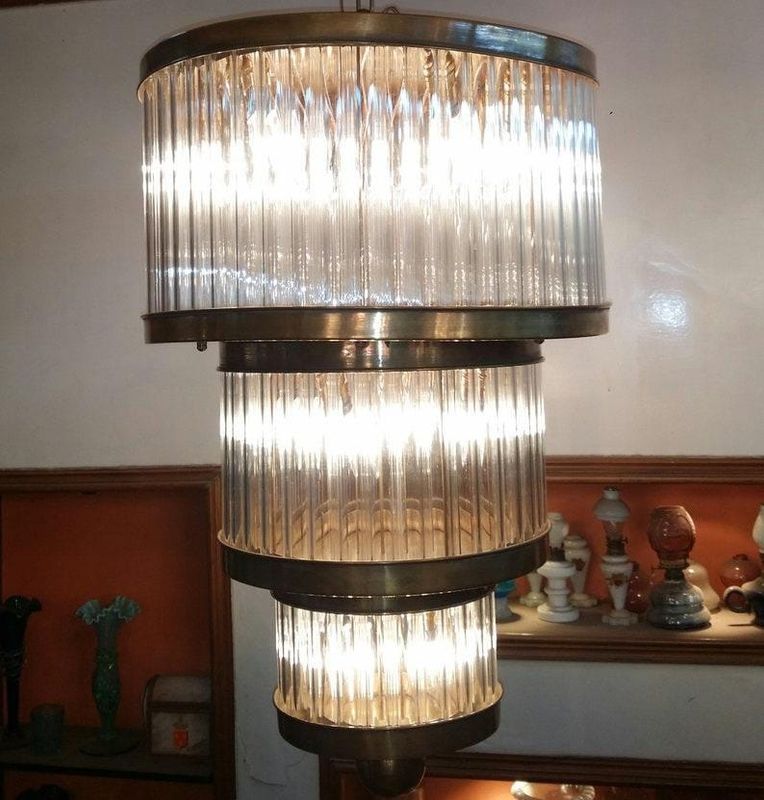Skyscraper Shape Victoria Chandelier Three Tier Round Glass Rod &amp; Brass Lamp