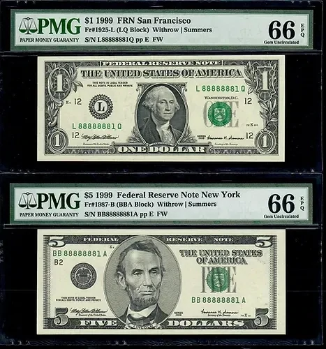Near Solid $5 & $1 Federal Reserve Notes PMG 66 Gem Uncirculated