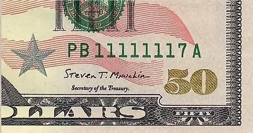 2017 $50 Federal Reserve Note - Fancy Serial Number PB11111117A Choice UNC