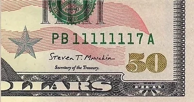 2017 $50 Federal Reserve Note - Fancy Serial Number PB11111117A Choice UNC 2017 $50 Federal Reserve Note - Fancy Serial Number PB11111117A Choice UNC
