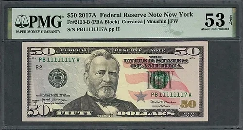 2017 $50 Federal Reserve Note - Fancy Serial Number PB11111117A Choice UNC