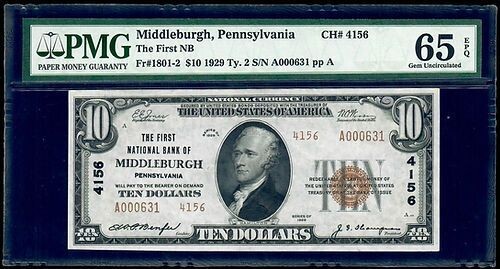 1929 $10 Ty. 2 The First National Bank Middleburgh , PA  PMG 65 EPQ Gem