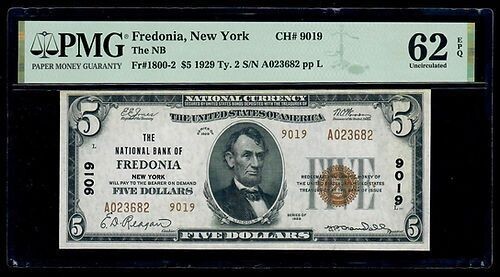 1929 $5 Type 2 -The National Bank Fredonia , NY CH # 9019 PCGS 62 EPQ