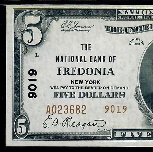 1929 $5 Type 2 -The National Bank Fredonia , NY CH # 9019 PCGS 62 EPQ