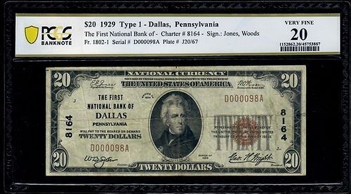 1929 $20 Type 1 -Dallas, Pennsylvania CH # 8164 PCGS 20