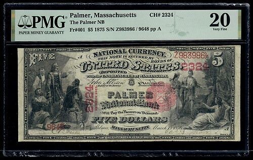 1$5 1875 Fr. 401 The Palmer National Bank Ch. # 2324 PMG Very Fine 20