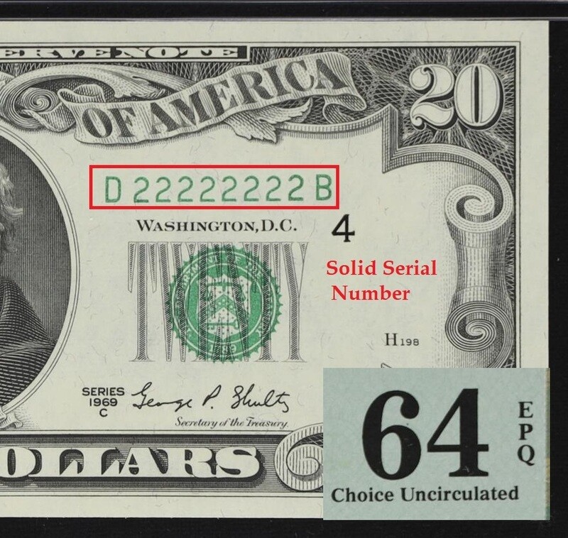 1969 $20 Federal Reserve Solid ** 22222222** Note PMG 64 EPQ