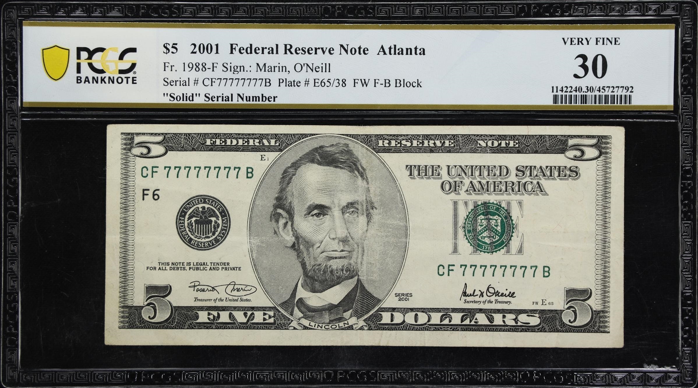 2001 $5 Federal Reserve Solid ** 77777777** Note PCGS 30