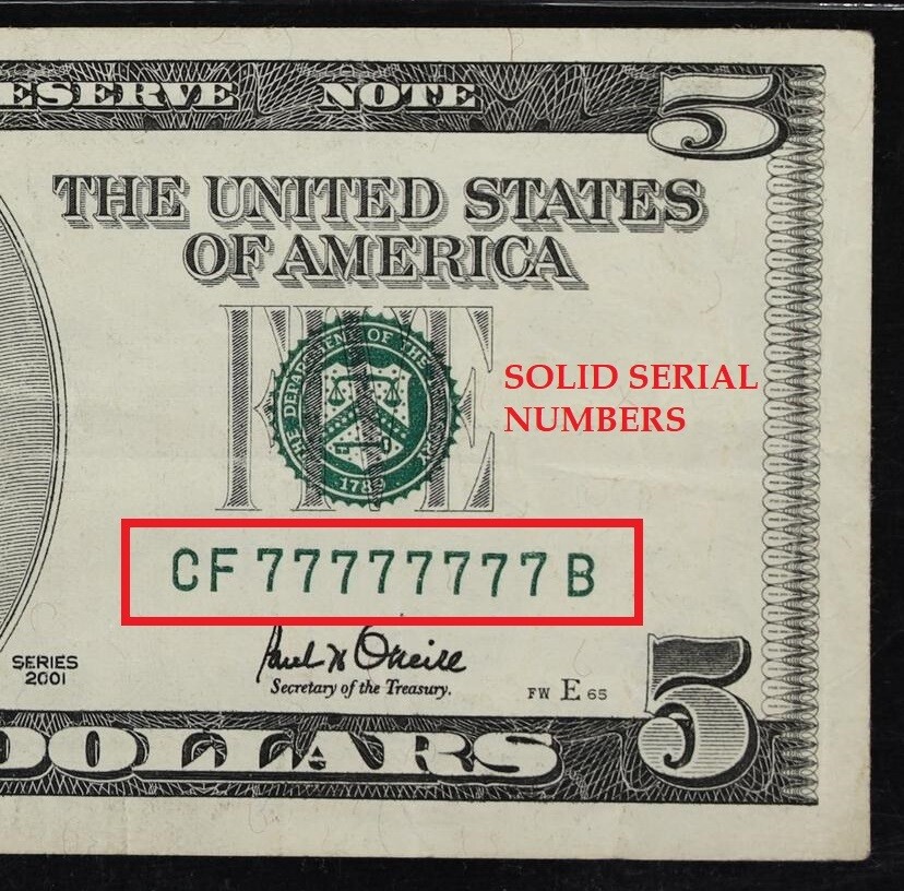 2001 $5 Federal Reserve Solid ** 77777777** Note PCGS 30