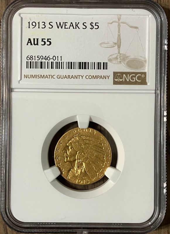 1913-S $5 Indian Gold Half Eagle NGC AU-55
