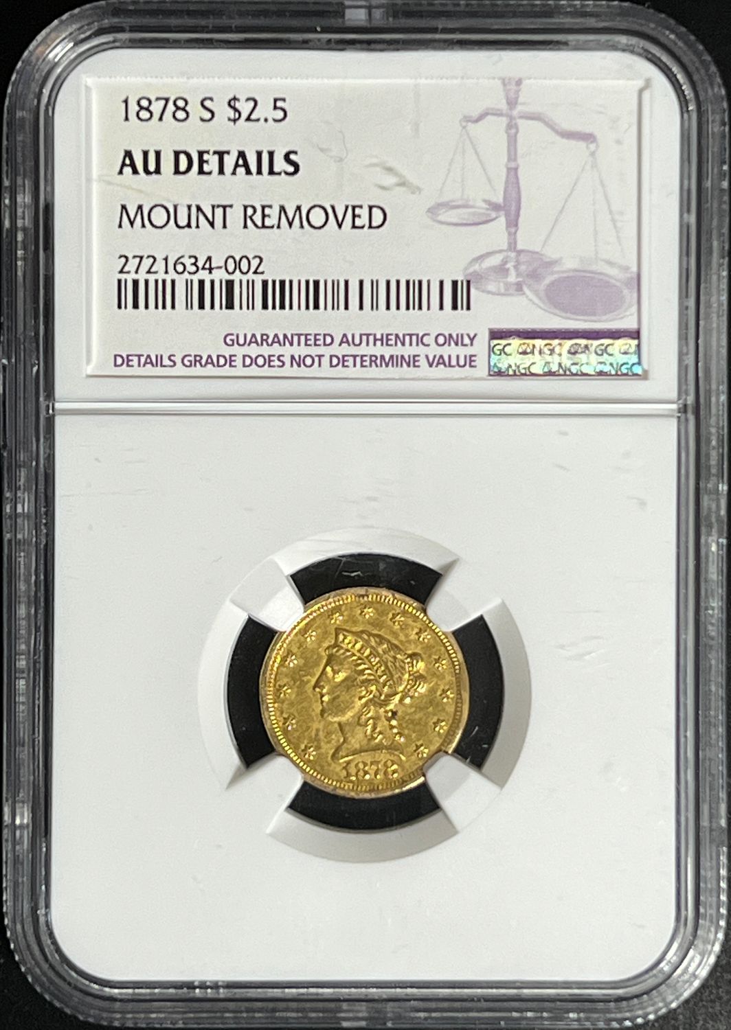 1878 $2.5 Gold Liberty Head Quarter Eagle NGC AU Details