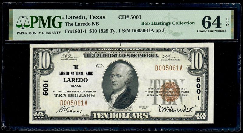 1929 $10 The Laredo National Bank Laredo ,TX  PMG 64 EPQ