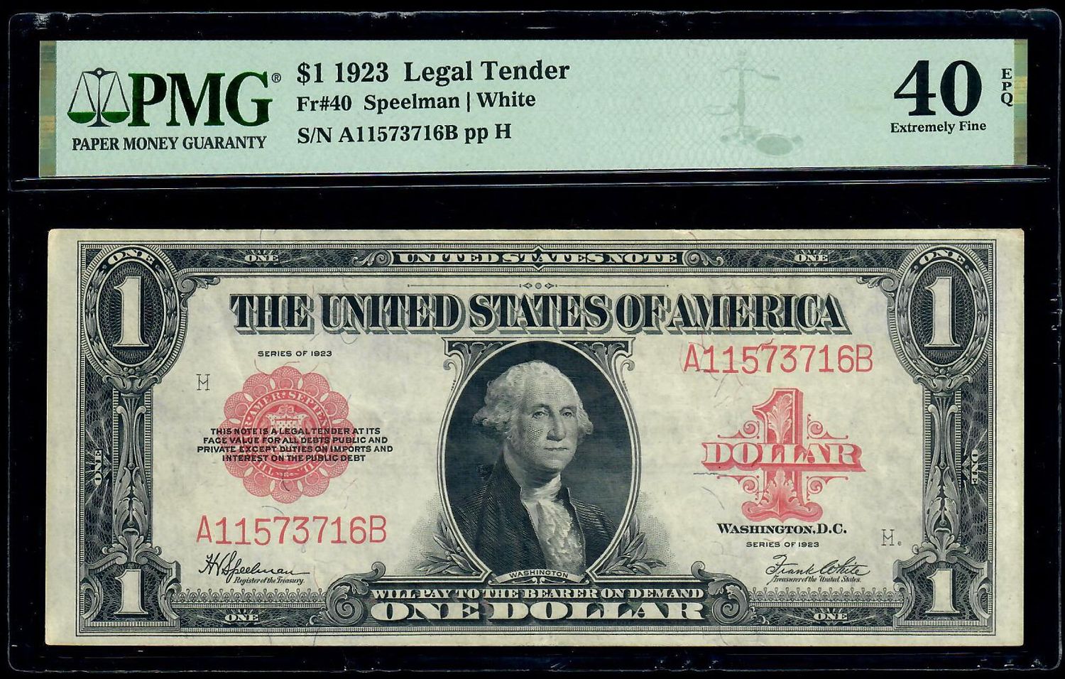 1923 $1 Legal Tender Red Seal Large Size Note PMG 40 EPQ Extremely Fine