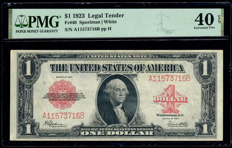 1923 $1 Legal Tender Red Seal Large Size Note PMG 40 EPQ Extremely Fine
