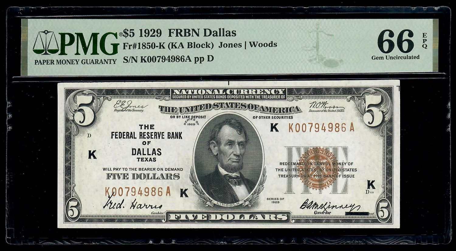 1929 $5 Federal Reserve Bank Notes Dallas ,Texas  PMG 66 EPQ