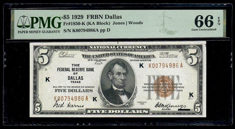 1929 $5 Federal Reserve Bank Notes Dallas ,Texas  PMG 66 EPQ
