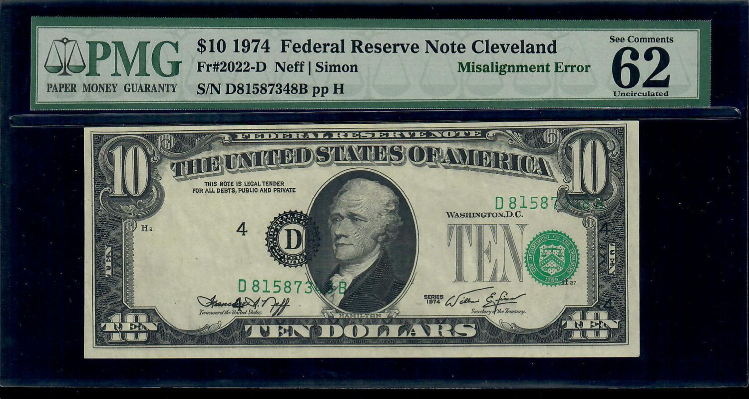1974 $10 Federal Reserve Note Boston PMG 62 Misalignment Error