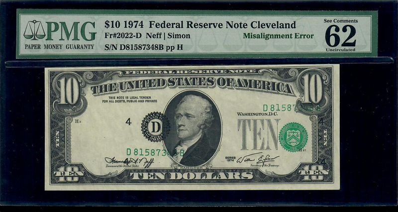 1974 $10 Federal Reserve Note Boston PMG 62 Misalignment Error