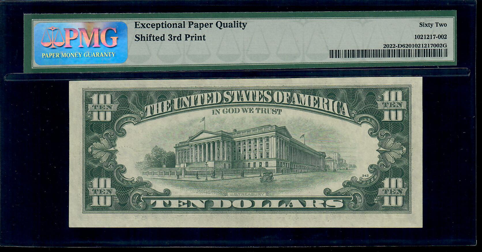 1974 $10 Federal Reserve Note Boston PMG 62 Misalignment Error