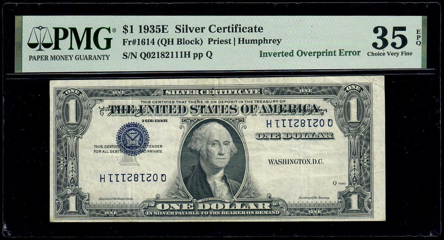 1935E $1 Silver Certificate PMG 35 EPQ Inverted Overprint Error