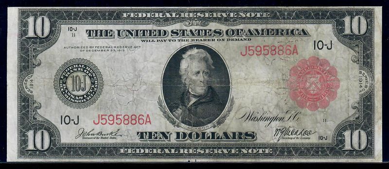 1914 $10 Red Seal - Federal Reserve Note Kansas City - FR-901a S/N J595886A - VF  Condition