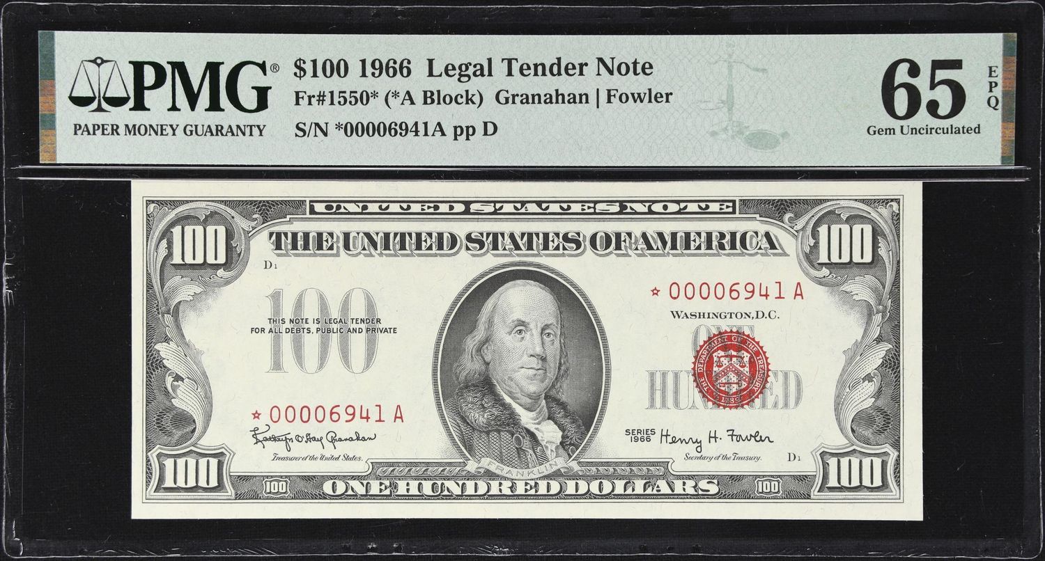 1966 $100  Red Seal Legal Tender Star Note Fr# 1550* PMG 65 EPQ