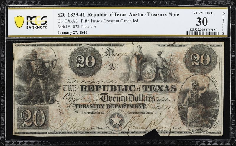 1839-41 Republic of Texas , Austin  Note PCGS 30
