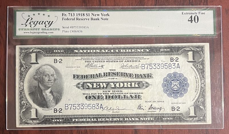 1918 $1 Federal Reserve Bank Note, Serial# B75339583A, Legacy 40,Choice Extremely Fine