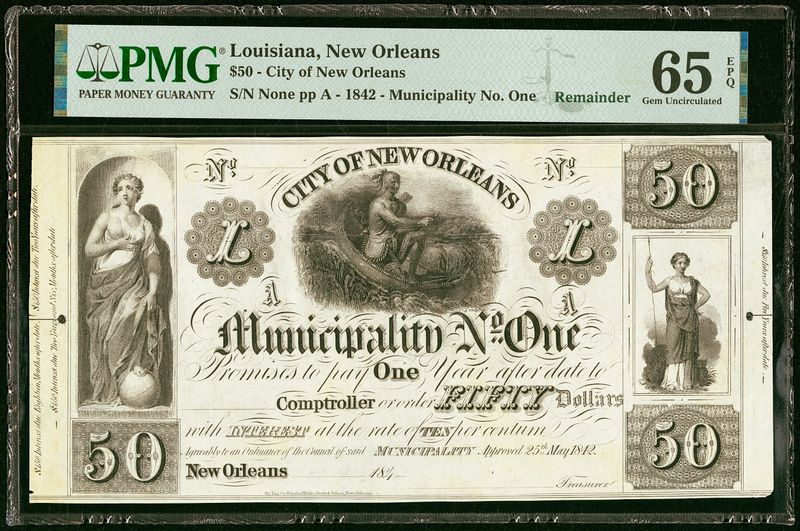 1842 $50 Remainder Note, ​New Orleans, LA, Municipality, PMG 65 EPQ