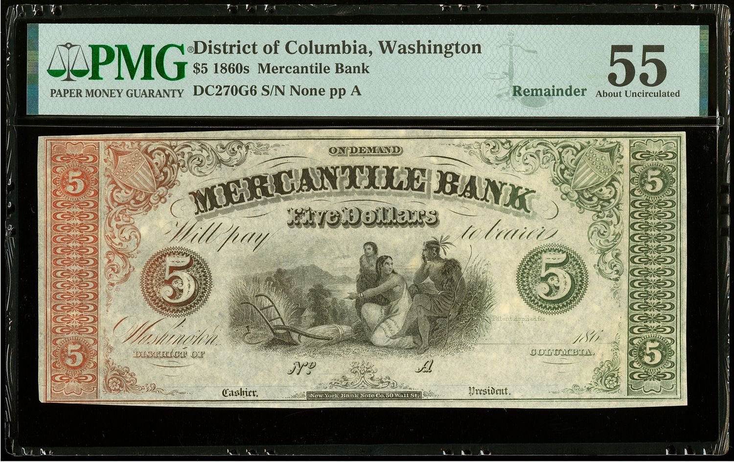 1860s $5 Remainder Note, ​Washington, DC- Mercantile Bank, PMG 55, About Uncirculated
