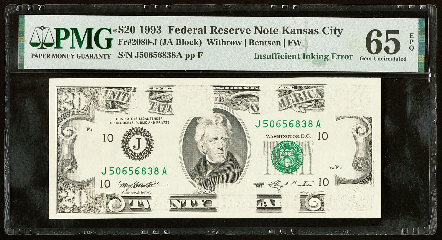 1993 $20 Federal Reserve Error Note. PMG 65 EPQ, Gem Uncirculated