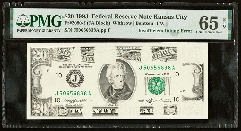 1993 $20 Federal Reserve Error Note. PMG 65 EPQ, Gem Uncirculated
