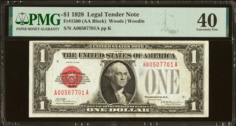 1928 $1 Funny Back Legal Tender Note. PMG Extremely Fine 40.