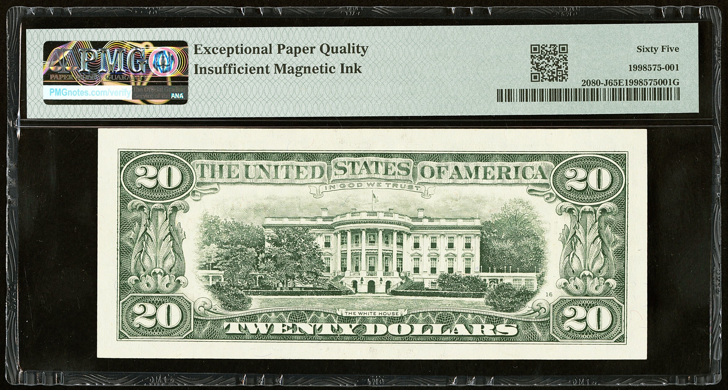 1993 $20 Federal Reserve Error Note. PMG 65 EPQ, Gem Uncirculated