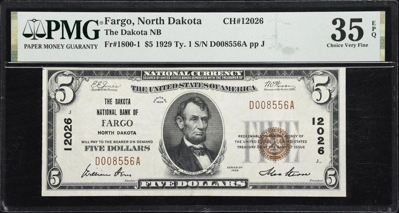 1929 $20 The National Bank Note, Small Size, Brown Seal,  North Dakota, Fargo, PMG  35 EPQ, Choice Very Fine