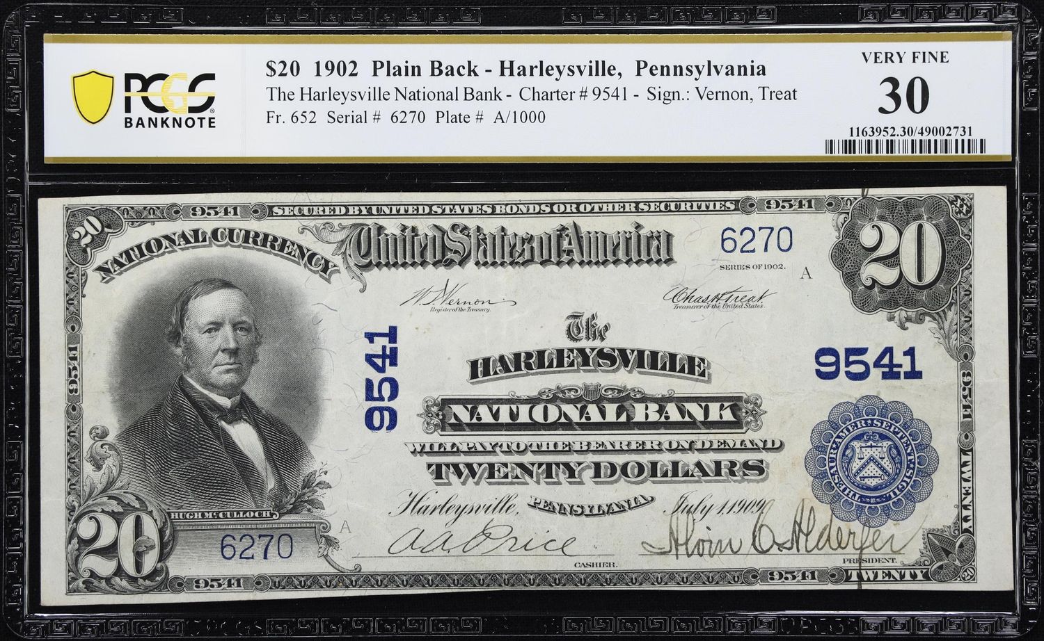 1902 $10 National Bank  Note, Fr. 652, Harleysville , Pennsylvania, Ch# 9541.  PCGS 30, Very Fine