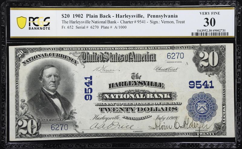 1902 $10 National Bank  Note, Fr. 652, Harleysville , Pennsylvania, Ch# 9541.  PCGS 30, Very Fine