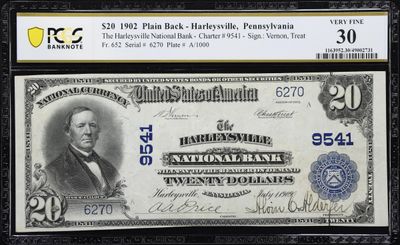 1902 $10 National Bank  Note, Fr. 652, Harleysville , Pennsylvania, Ch# 9541.  PCGS 30, Very Fine