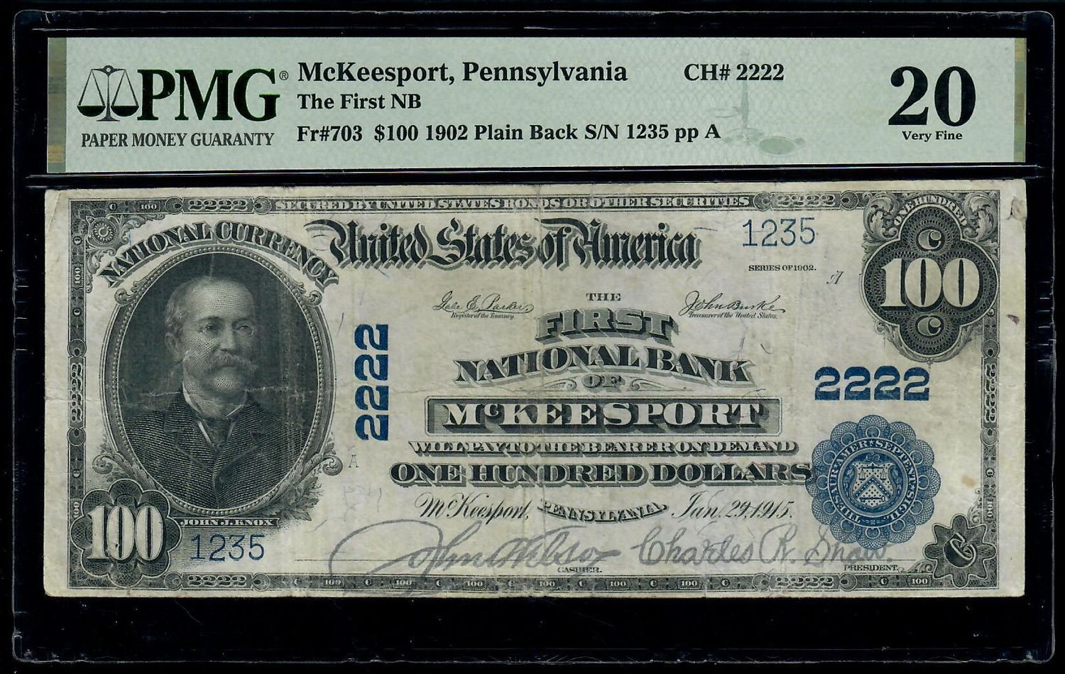 1902 $100 The FIRST National Bank  OF MCKEESPORT Note, PA, Ch# 2222,  serial # 1235, MPG 20, very fine