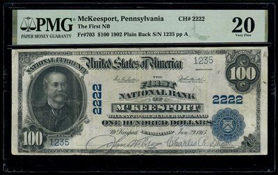 1902 $100 The FIRST National Bank  OF MCKEESPORT Note, PA, Ch# 2222,  serial # 1235, MPG 20, very fine