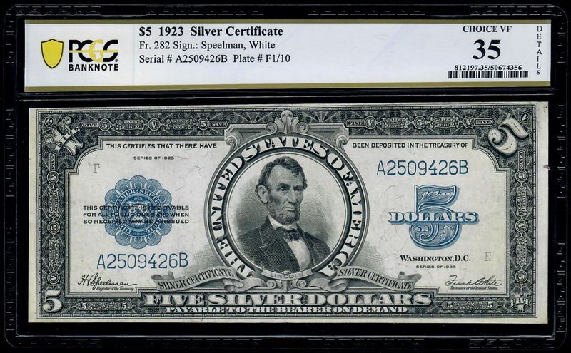 1923 $5 Silver Certificate Lincoln Porthole Note PCGS VF 35