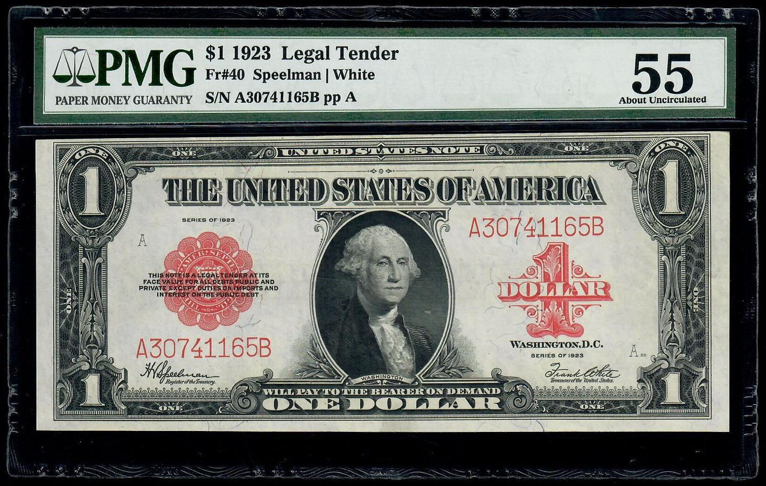 1923 $1 Legal Tender Red Seal Large Size Note PMG 55 About UNC