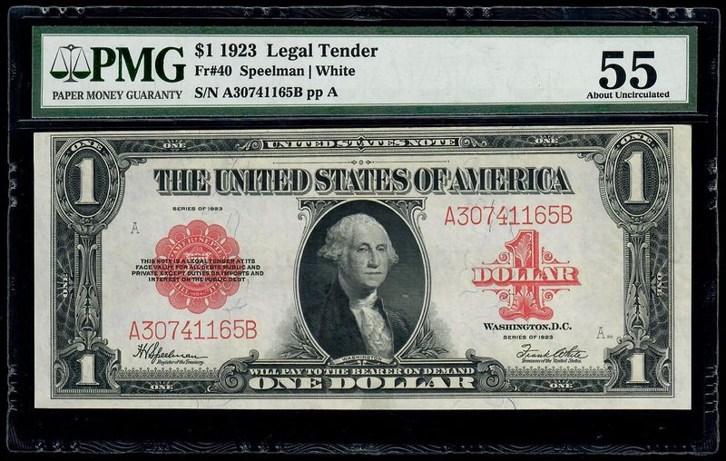 1923 $1 Legal Tender Red Seal Large Size Note PMG 55 About UNC