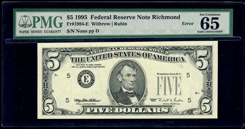 1995 $5 Federal Reserve Richmond , VG  Error Note. PMG 65 Gem UNC
